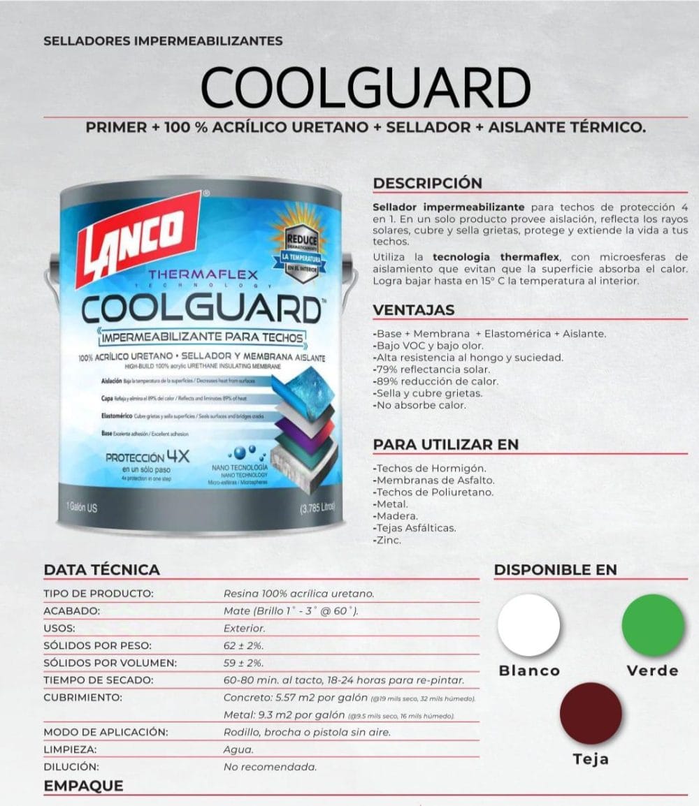 Lanco Sellador de Techos Coolguard (Disponible en 3 Colores)