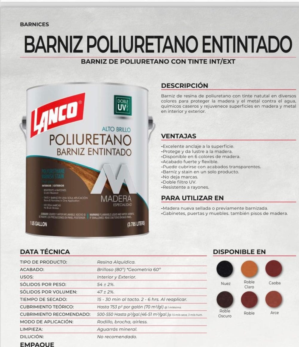 Lanco Barniz de Poliuretano Más Stain 2 en 1 - Brillante